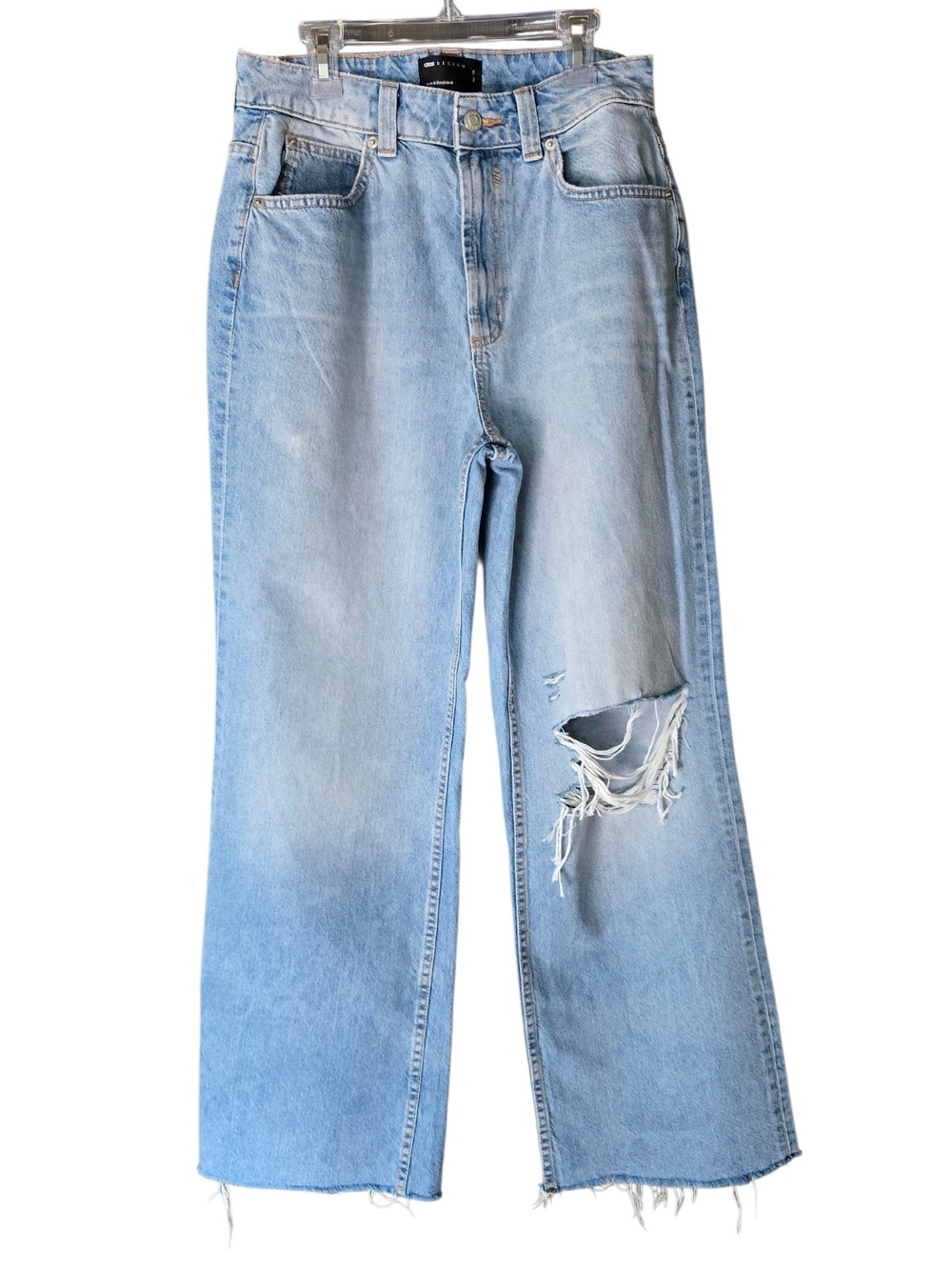 ASOS DESIGN Hourglass wide leg dad jeans in mid blue with rips